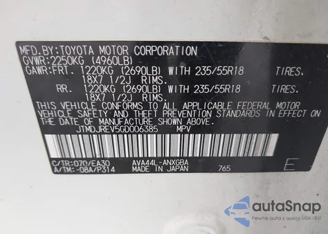 2016 Toyota Rav4 Hybrid Limited z USA, uszkodzony, nr VIN JTMDJREV5GD006385